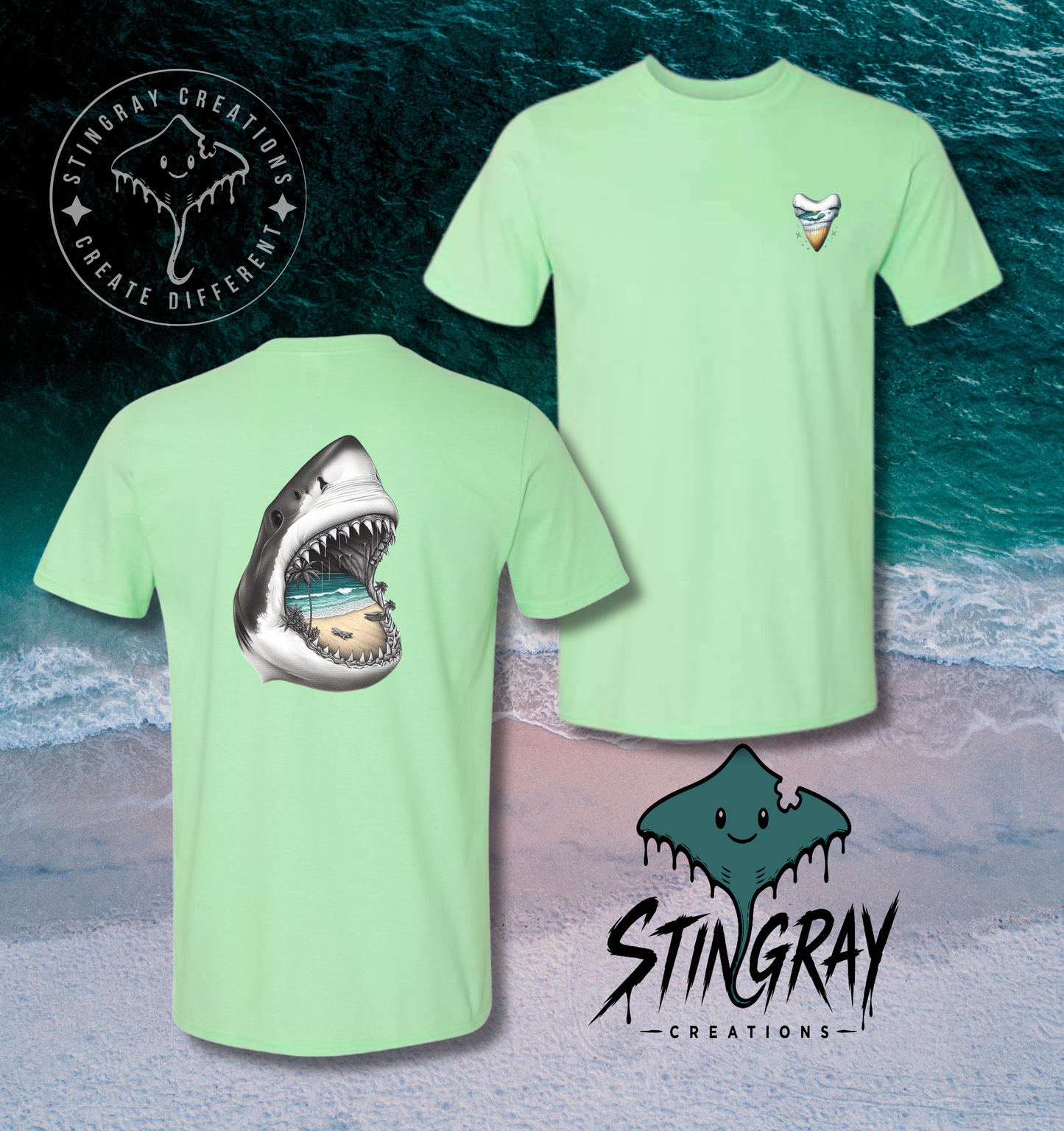 Shark Jaw Beach Scene T Shirt & Crewneck Sweatshirt | Coastal Shark Tooth Shirt