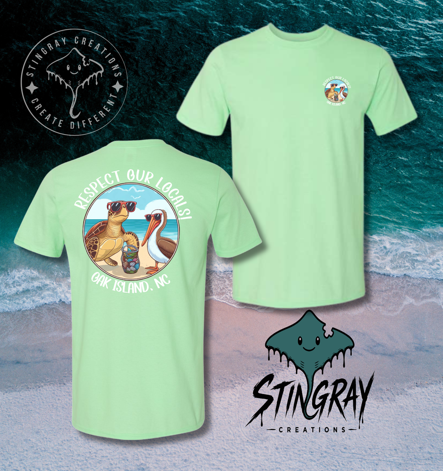 Respect Our Locals Oak Island NC Sea Turtle & Pelican T Shirt & Crewneck Sweatshirt