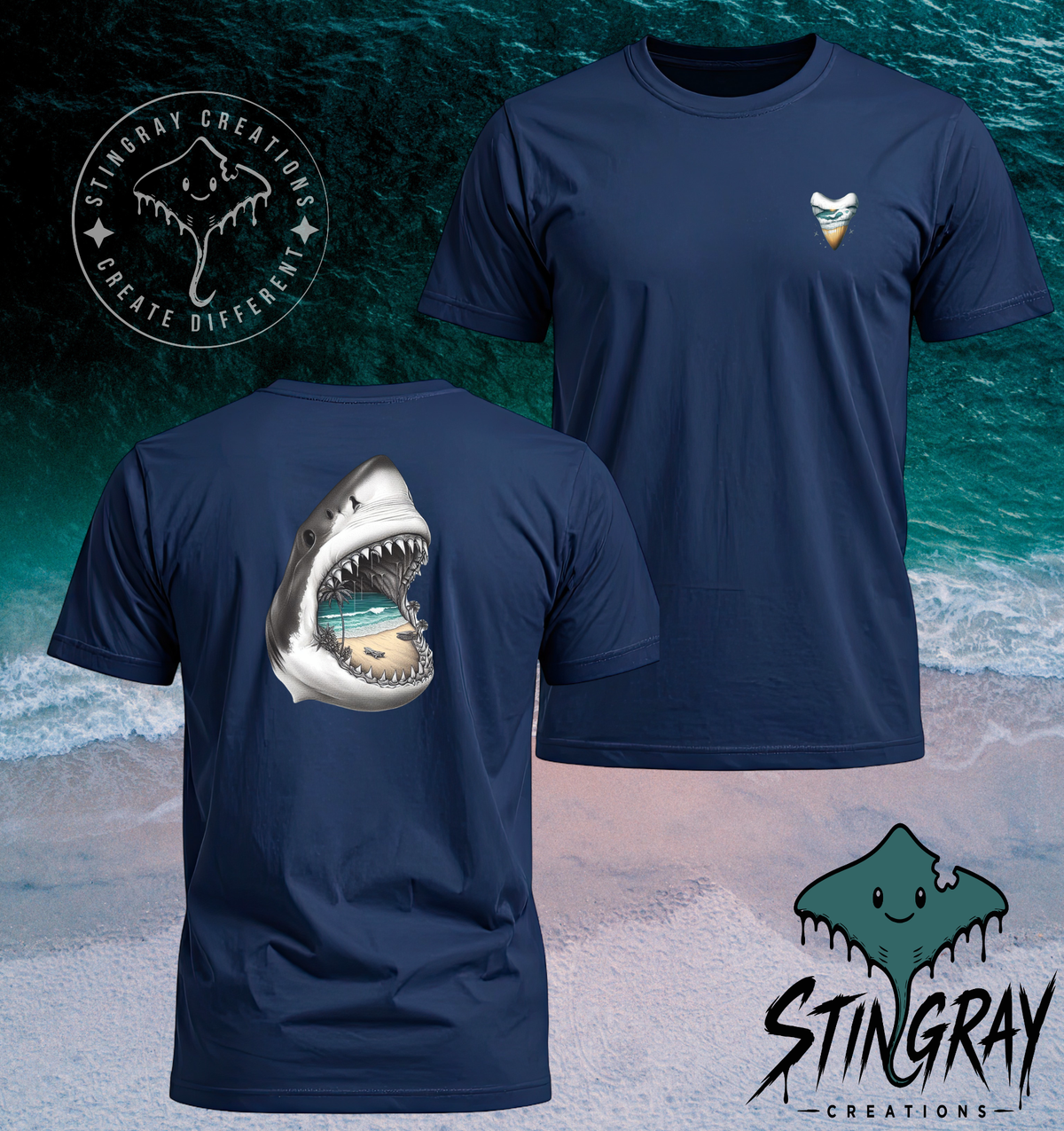 Shark Jaw Beach Scene T Shirt & Crewneck Sweatshirt | Coastal Shark Tooth Shirt