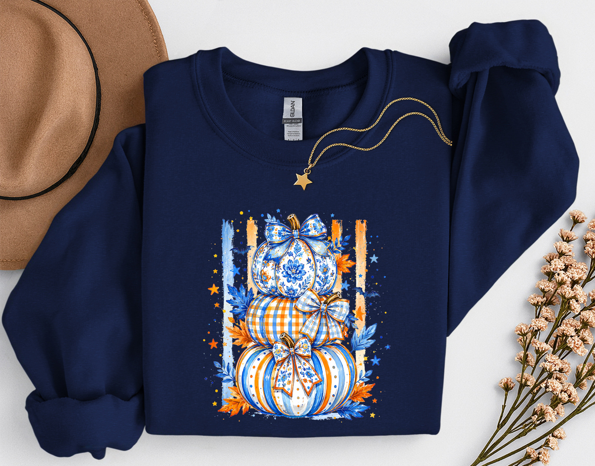 Blue & Orange Pumpkin Stack Fall Shirt | Coquette Pumpkin T-Shirt & Crewneck Sweatshirt
