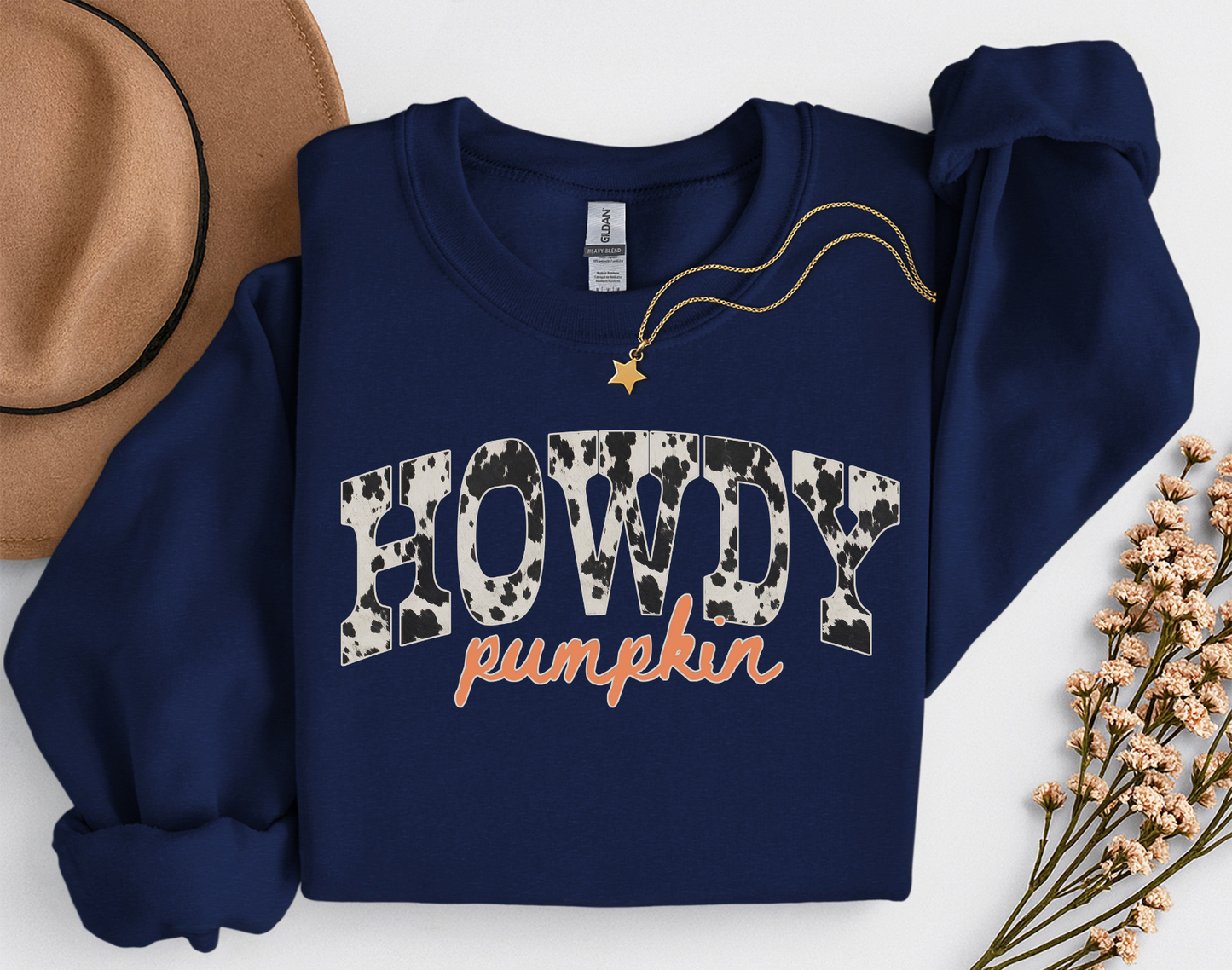 Howdy Pumpkin Cow Print Fall Shirt | Western Autumn T-Shirt & Crewneck Sweatshirt