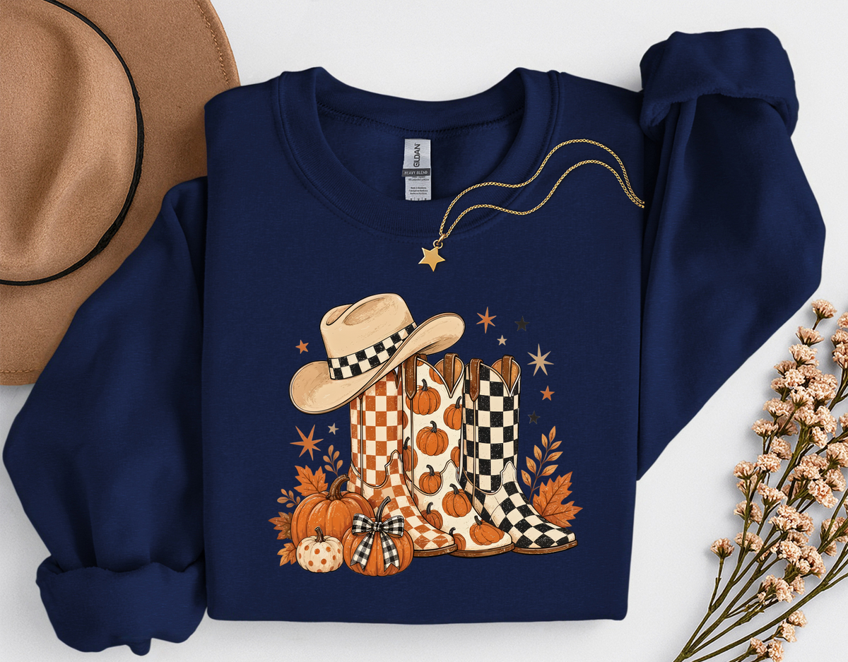 Western Fall Crewneck Sweatshirt | Cowboy Boots & Pumpkins Autumn Sweatshirt | Country Fall Shirt