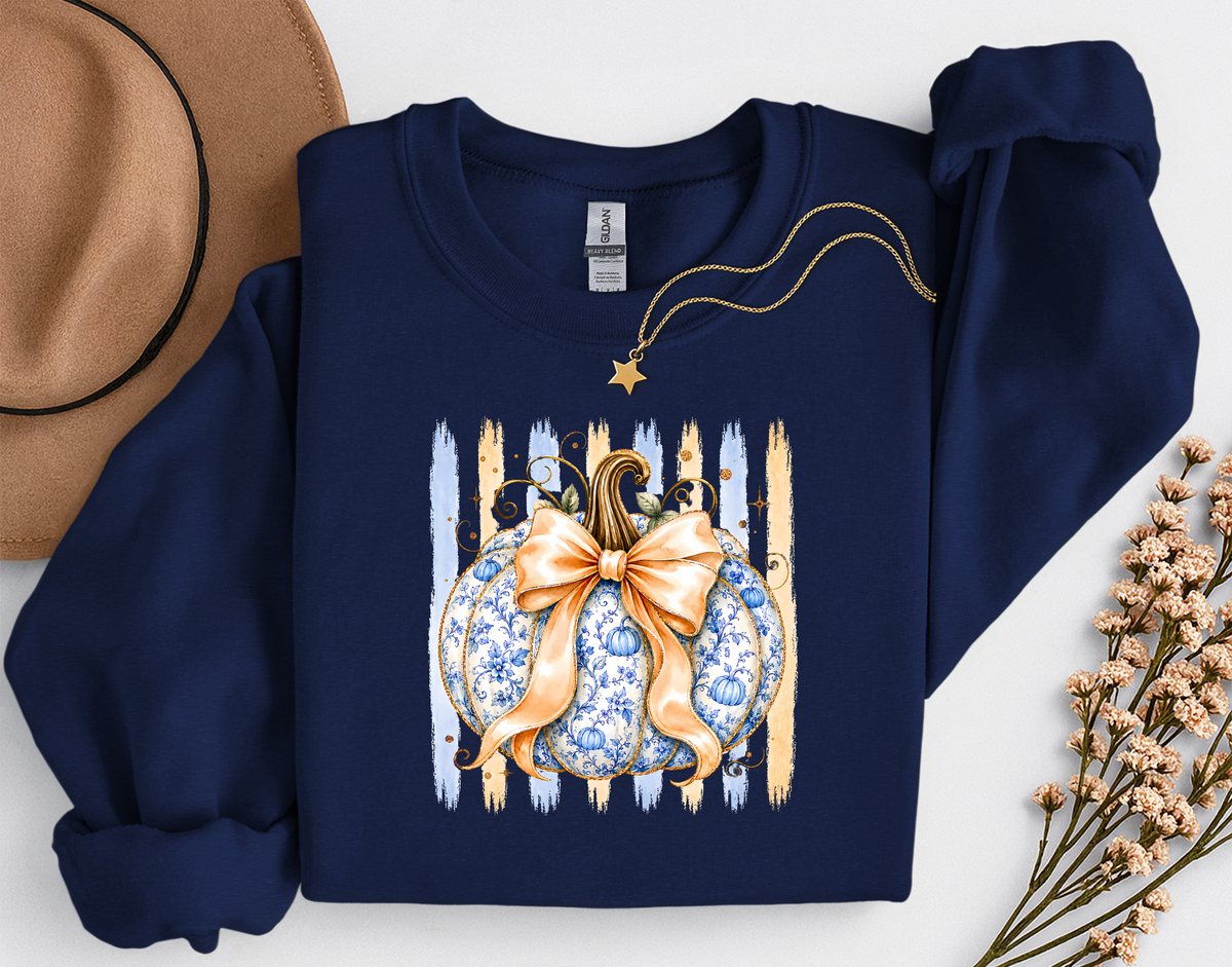 Blue Floral Pumpkin Crewneck Sweatshirt | Coquette Fall Pumpkin Sweatshirt