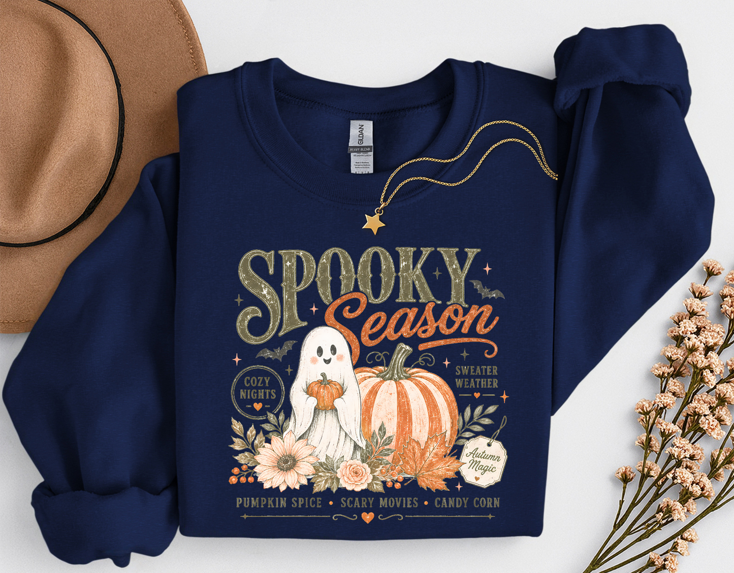 Spooky Season Ghost & Pumpkin Shirt | Cute Halloween T-Shirt or Crewneck Sweatshirt