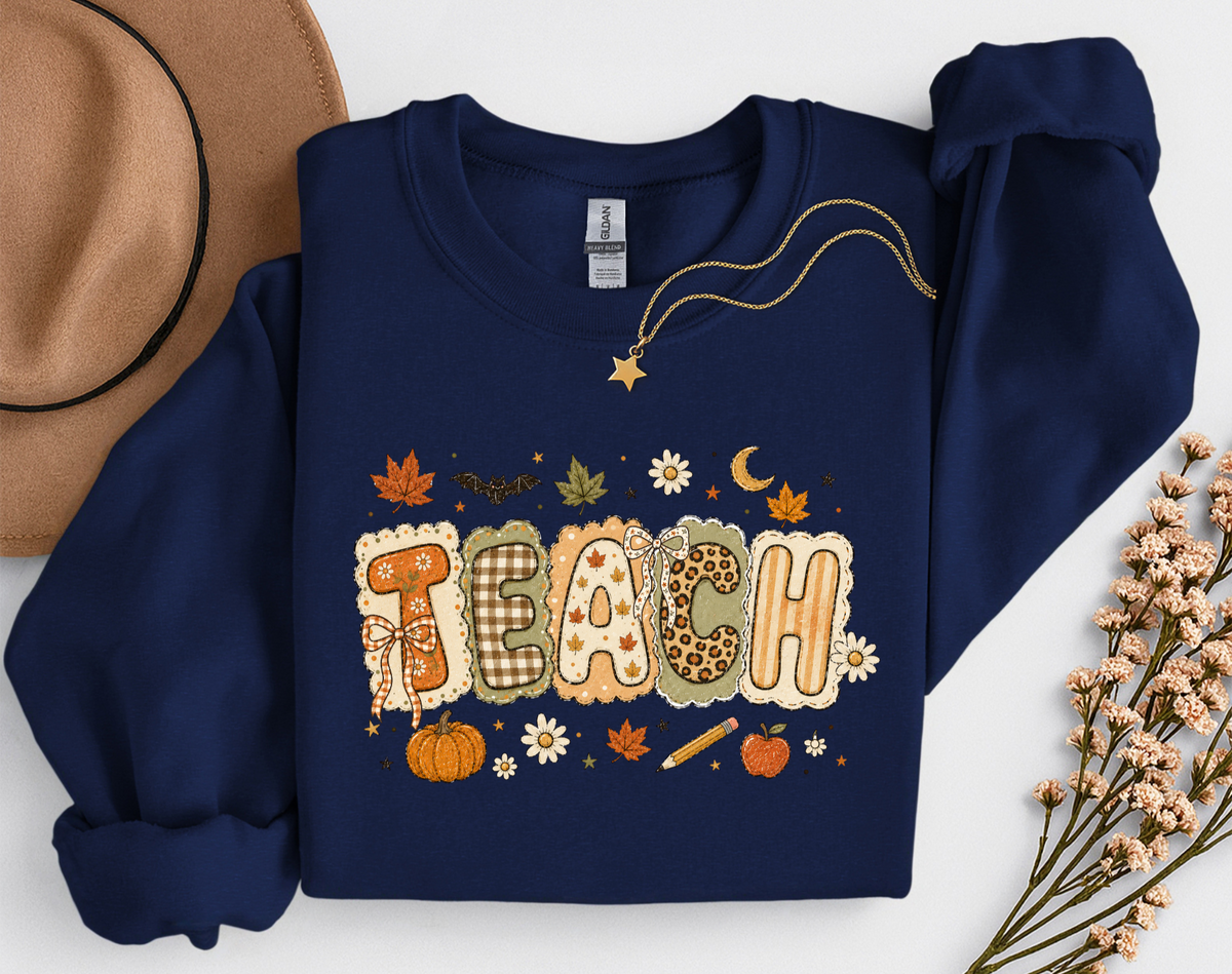 Teacher Fall Crewneck Sweatshirt | Patchwork Teacher Shirt | Cozy Autumn Teacher Sweatshirt
