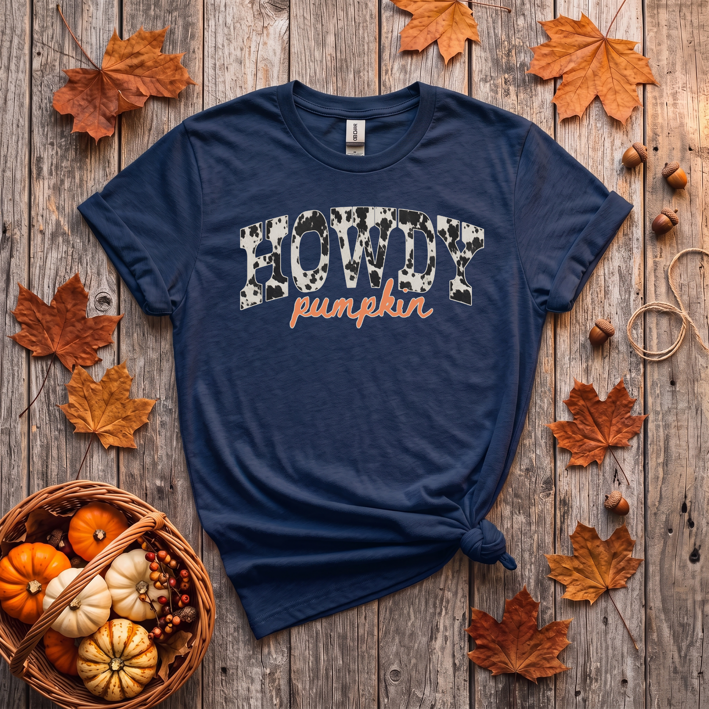 Howdy Pumpkin Cow Print Fall Shirt | Western Autumn T-Shirt & Crewneck Sweatshirt
