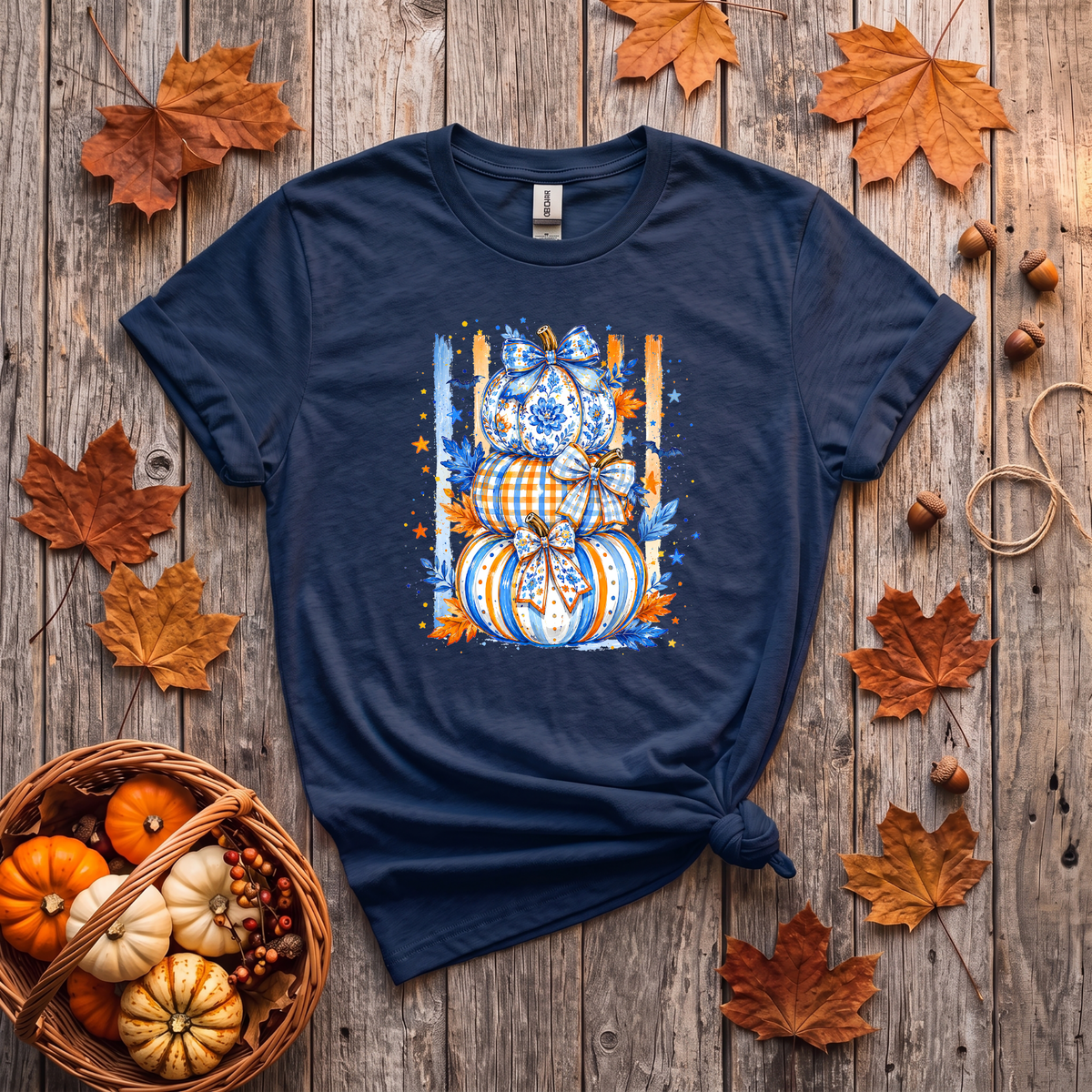 Blue & Orange Pumpkin Stack Fall Shirt | Coquette Pumpkin T-Shirt & Crewneck Sweatshirt