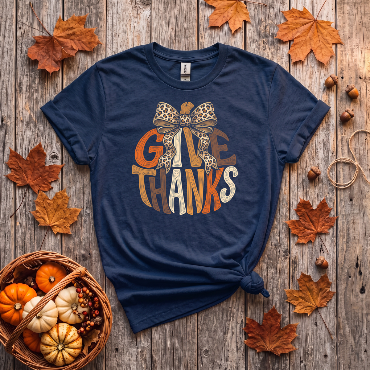 Give Thanks Leopard Bow Fall T-Shirt or Sweatshirt | Thanksgiving Apparel