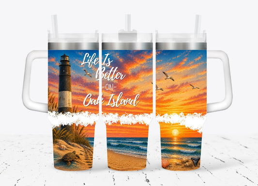 Oak Island NC Sunset Lighthouse 40oz Tumbler | Coastal Beach Travel Tumbler