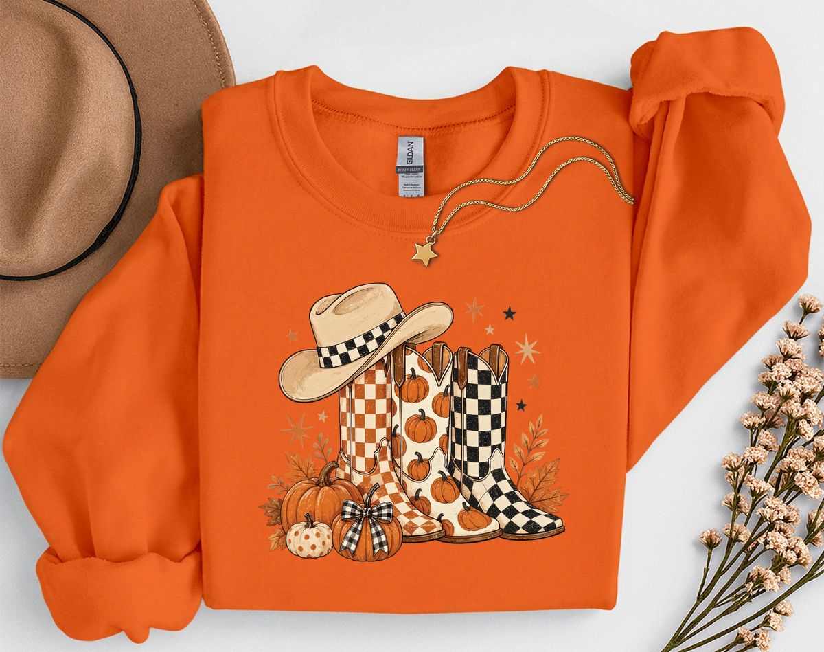 Western Fall Crewneck Sweatshirt | Cowboy Boots & Pumpkins Autumn Sweatshirt | Country Fall Shirt