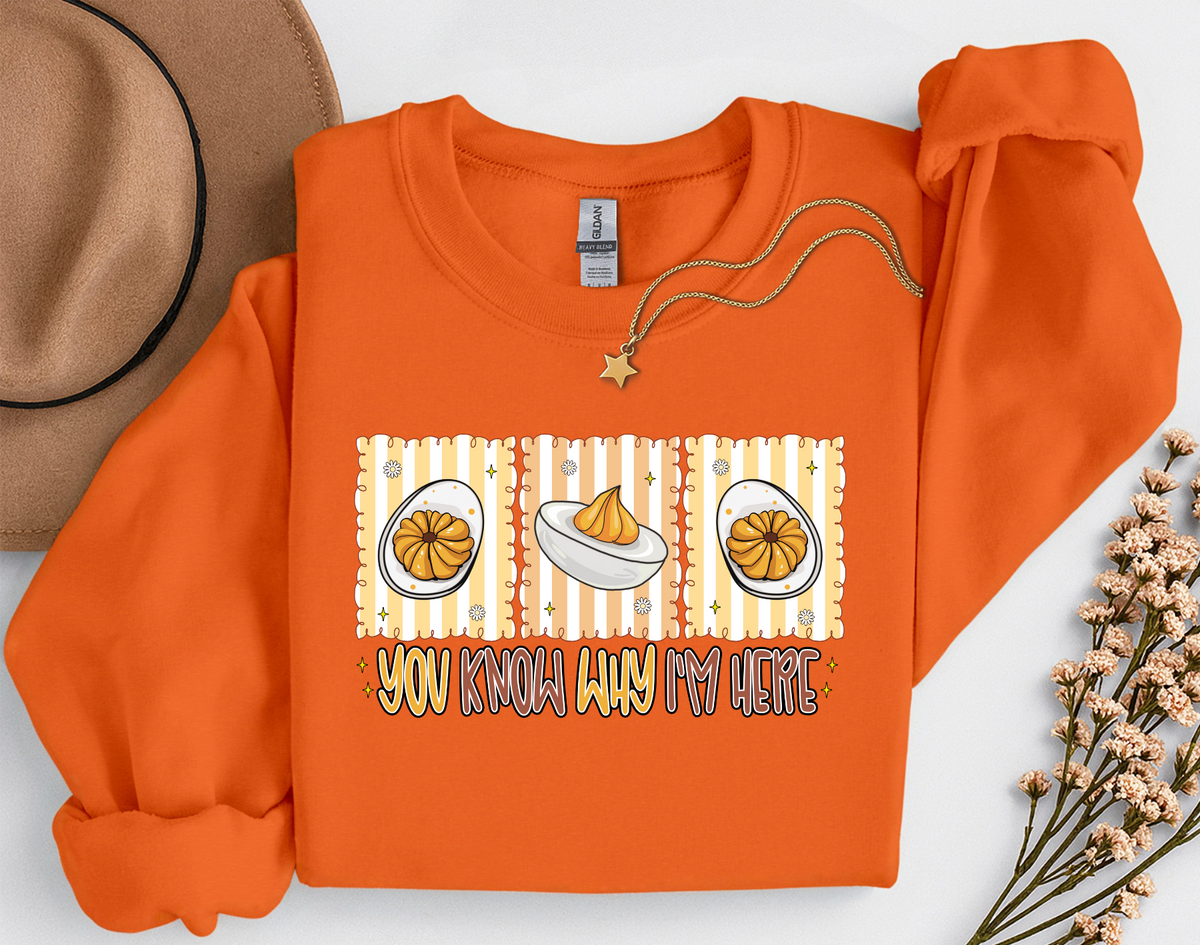 You Know Why I'm Here Deviled Eggs Thanksgiving T-Shirt or Sweatshirt | Funny Turkey Day Apparel
