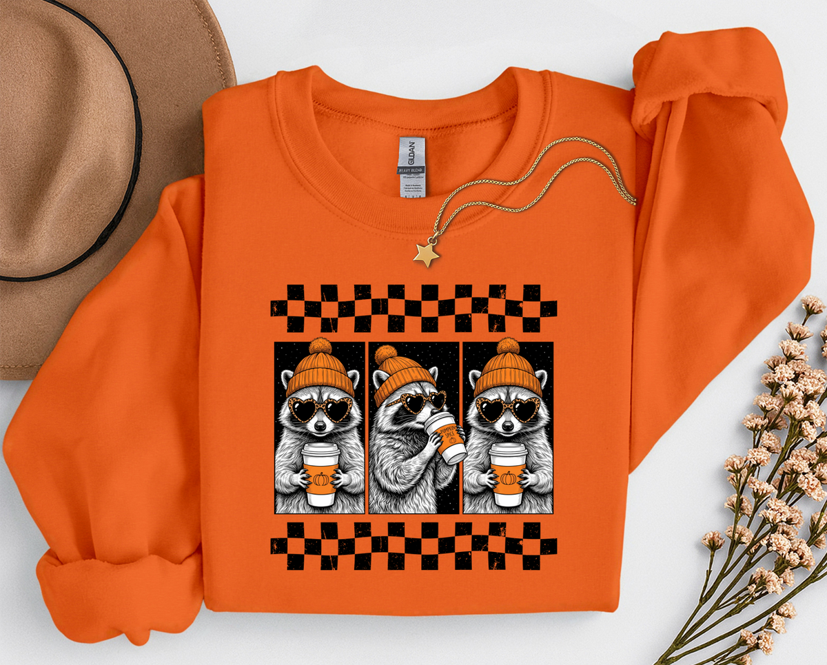 Pumpkin Spice Raccoon Crewneck Sweatshirt | Cute Fall Coffee Sweatshirt | Cozy Autumn Raccoon Shirt