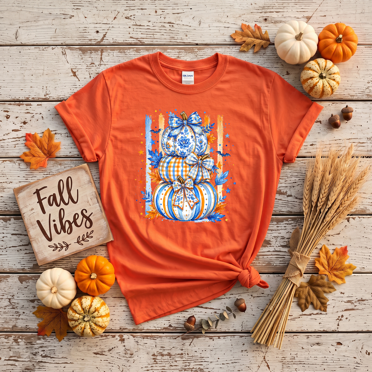 Blue & Orange Pumpkin Stack Fall Shirt | Coquette Pumpkin T-Shirt & Crewneck Sweatshirt