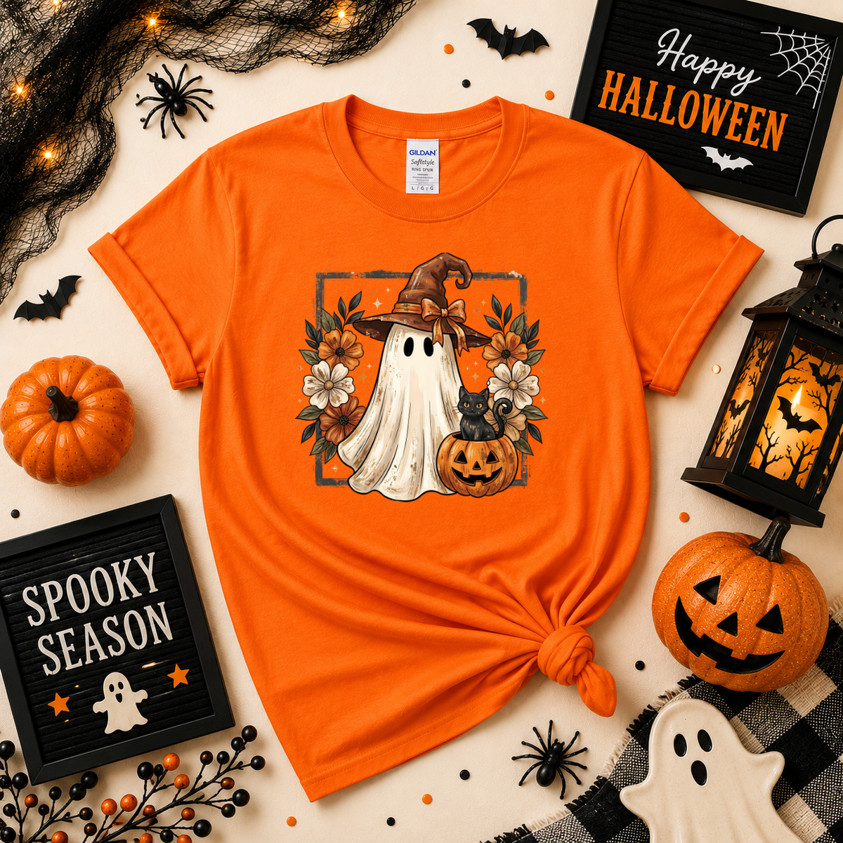 Cute Witch Ghost & Black Cat Halloween Sweatshirt | Pumpkin T-shirt