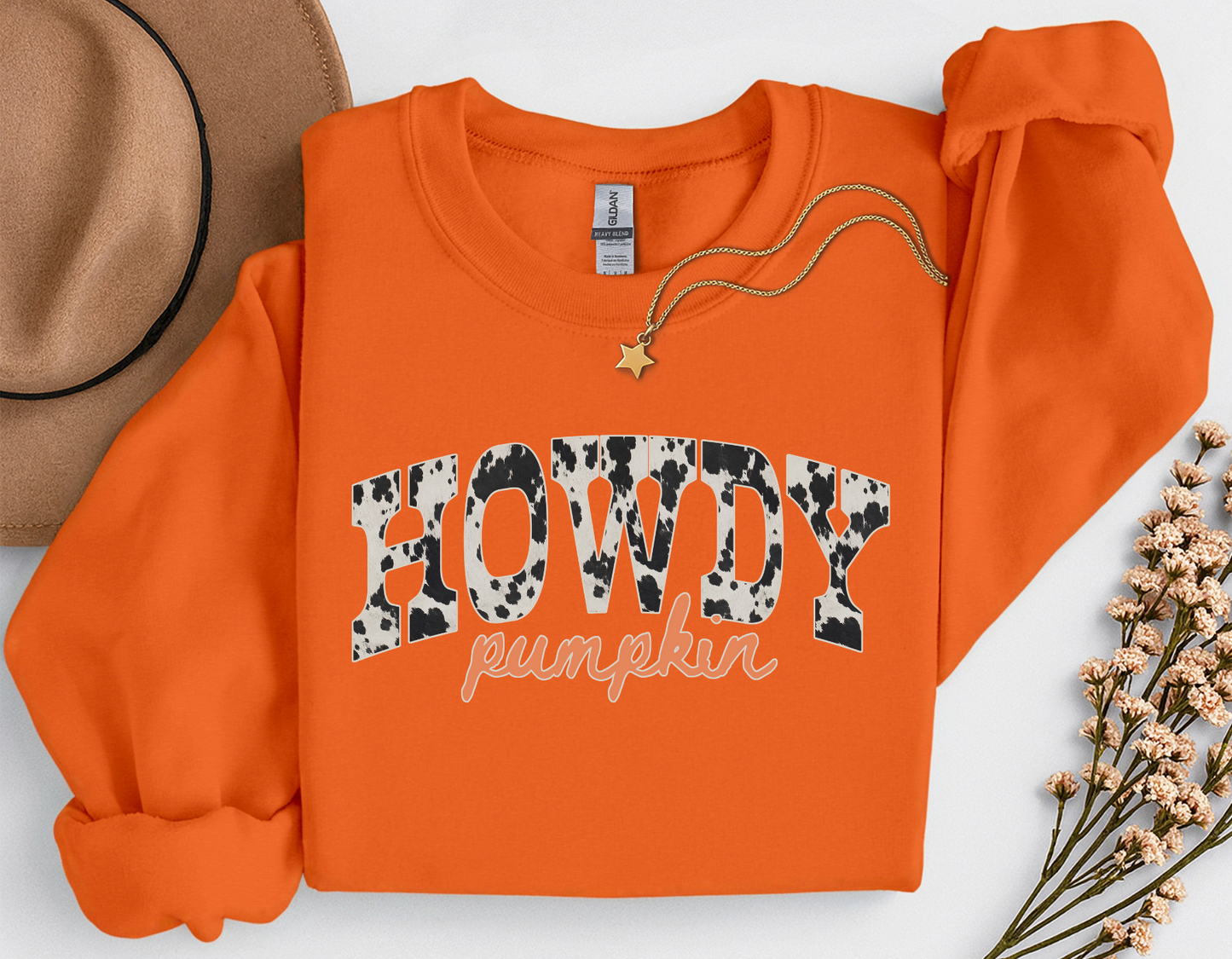 Howdy Pumpkin Cow Print Fall Shirt | Western Autumn T-Shirt & Crewneck Sweatshirt