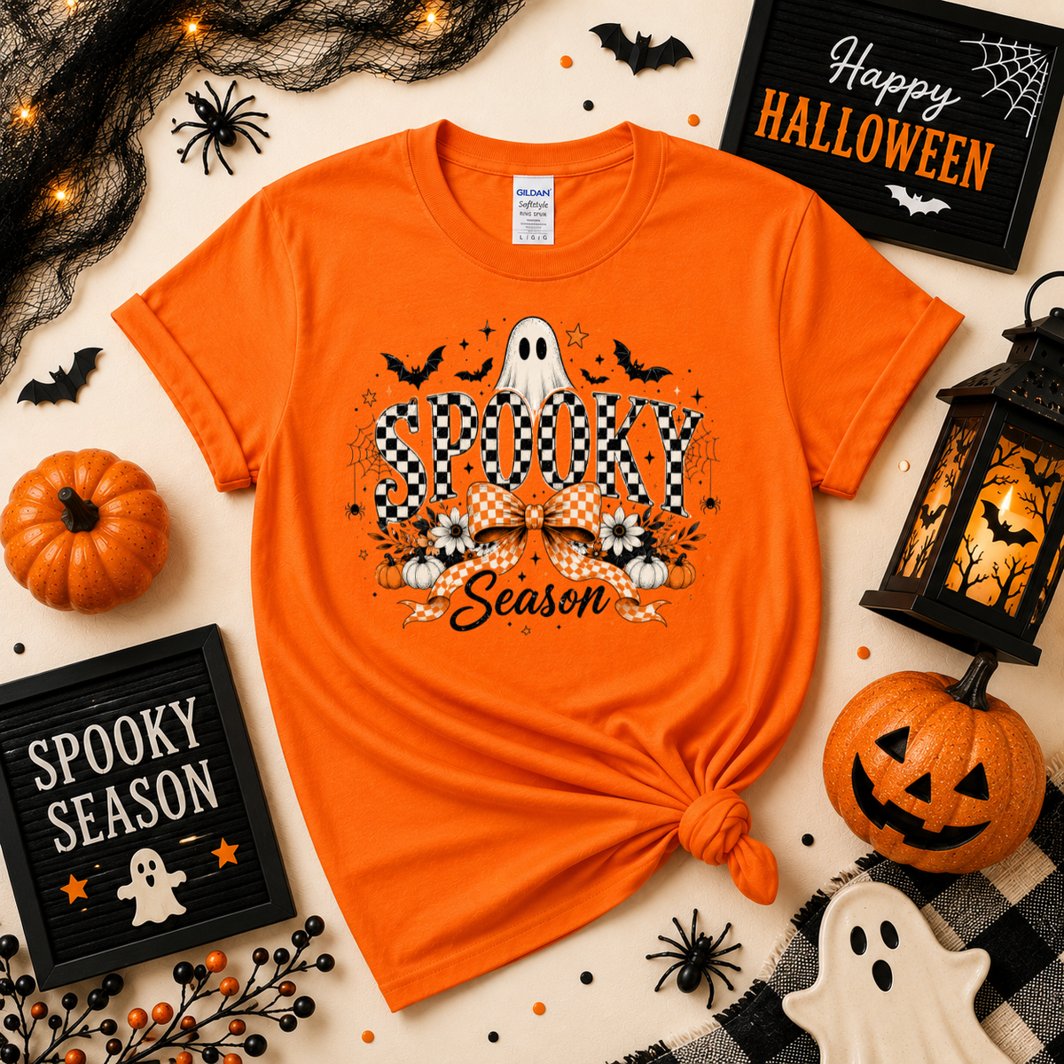Spooky Season Halloween T-Shirt | Checkerboard Ghost & Bow Graphic Sweatshirt