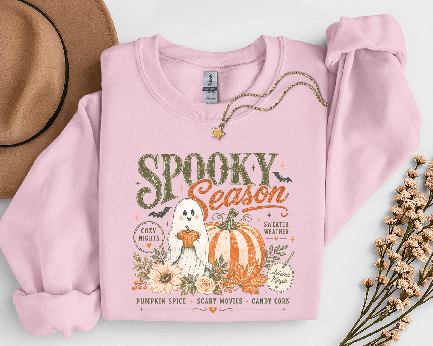 Spooky Season Ghost & Pumpkin Shirt | Cute Halloween T-Shirt or Crewneck Sweatshirt