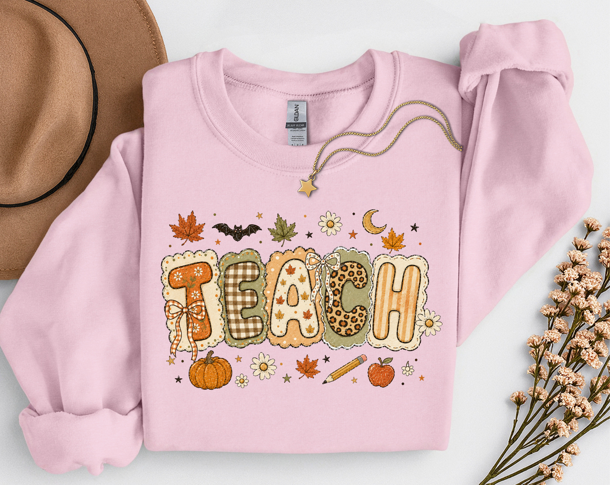 Teacher Fall Crewneck Sweatshirt | Patchwork Teacher Shirt | Cozy Autumn Teacher Sweatshirt