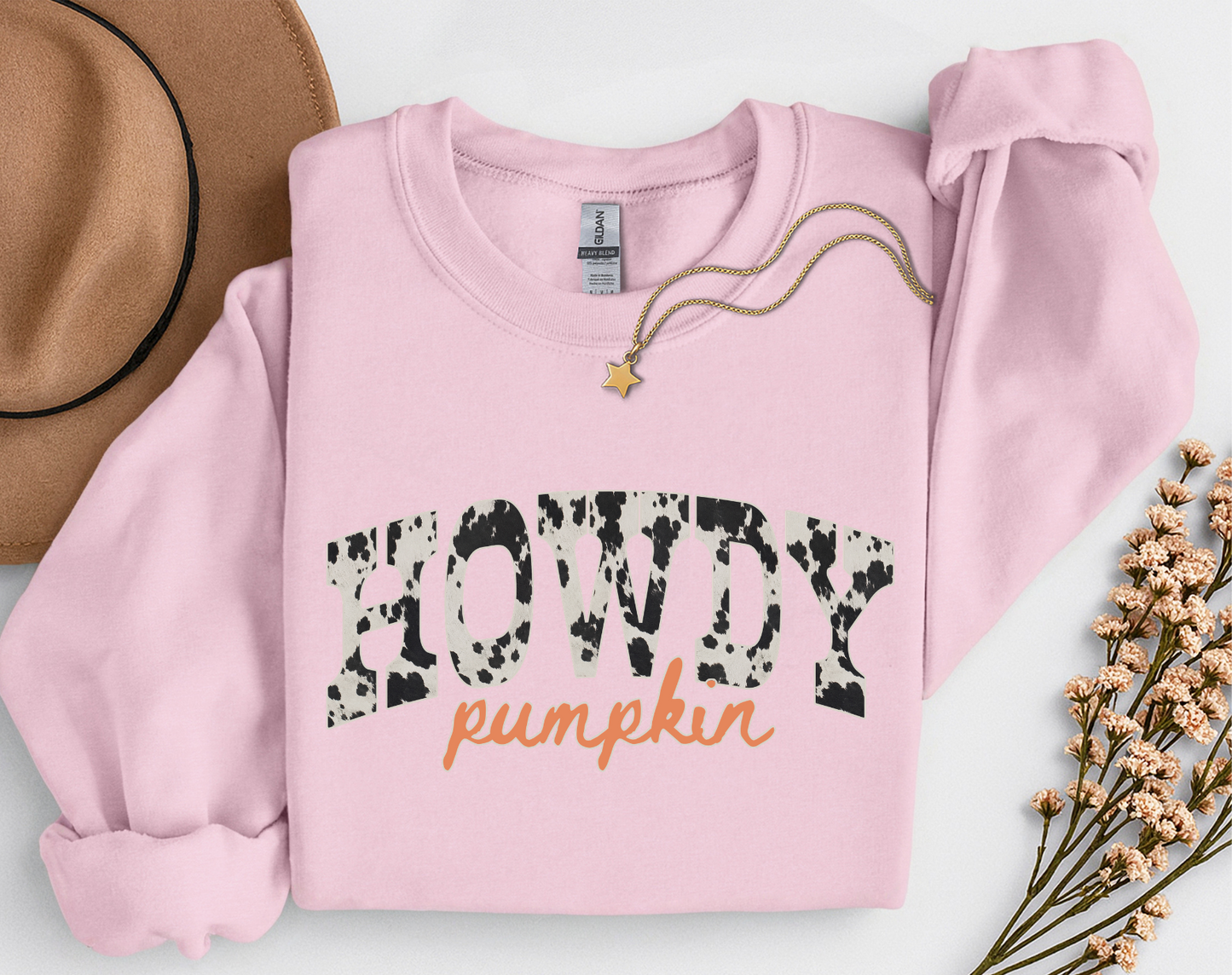 Howdy Pumpkin Cow Print Fall Shirt | Western Autumn T-Shirt & Crewneck Sweatshirt