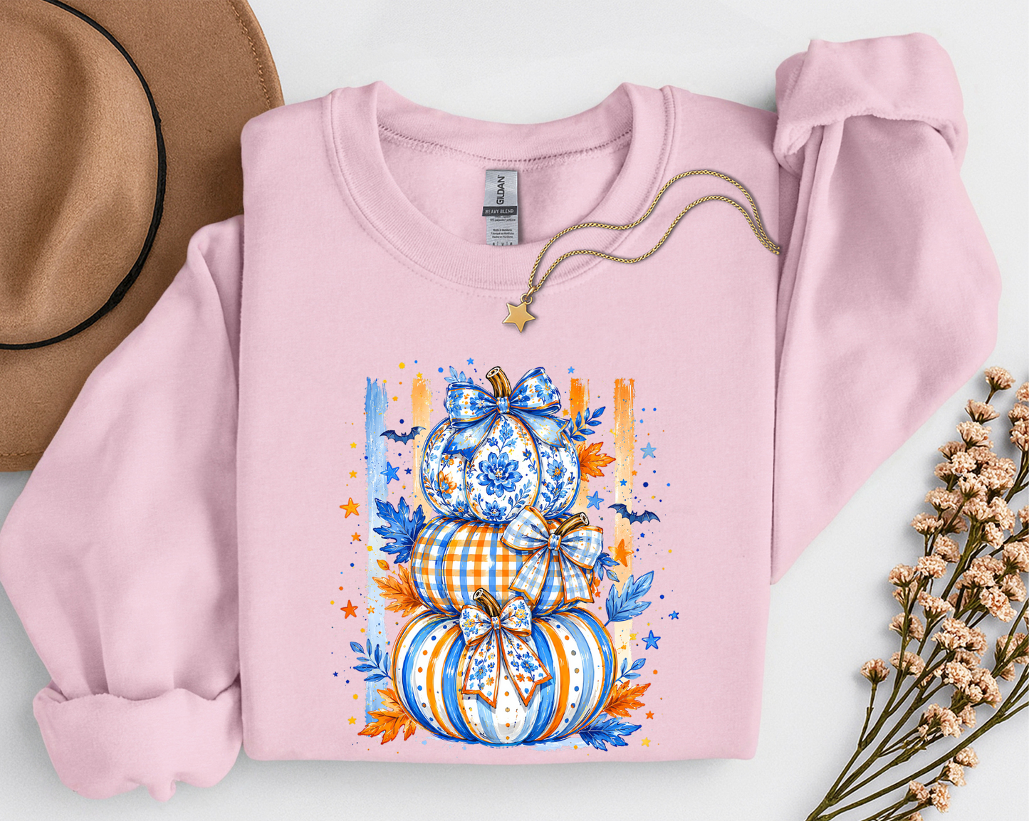 Blue & Orange Pumpkin Stack Fall Shirt | Coquette Pumpkin T-Shirt & Crewneck Sweatshirt