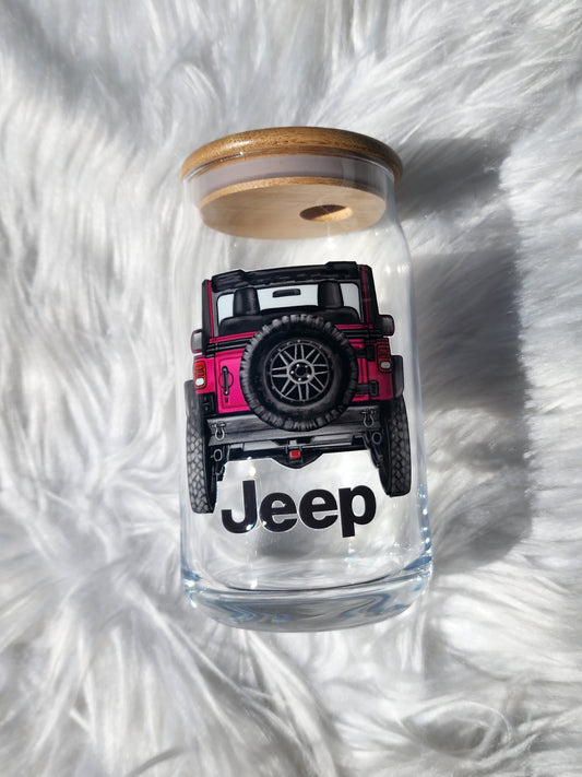 Jeep cup, Jeep glass can, Jeep lover gift, Jeep coffee cup, Jeep drinkware, lifted Jeep glass, custom Jeep cup, bamboo lid glass can, off road gift, Jeep owner gift, iced coffee glass, Jeep club accessory, adventure drinkware, Jeep lifestyle gift, reusable glass cup, Jeep themed cup, road trip cup, off road accessory, custom glass can, Jeep enthusiast gift.