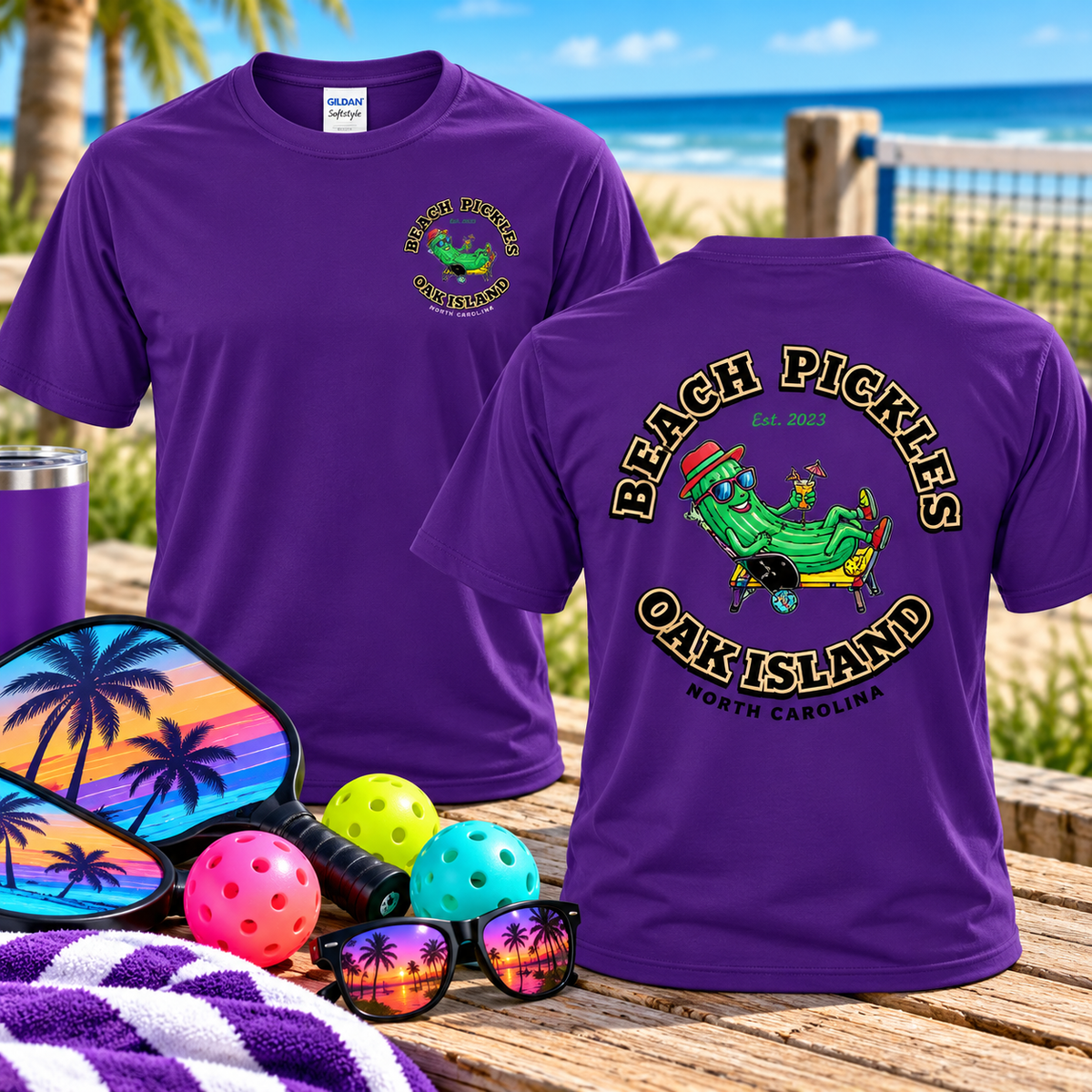 Beach Pickles Oak Island NC Cotton T-Shirt | Gildan Softstye