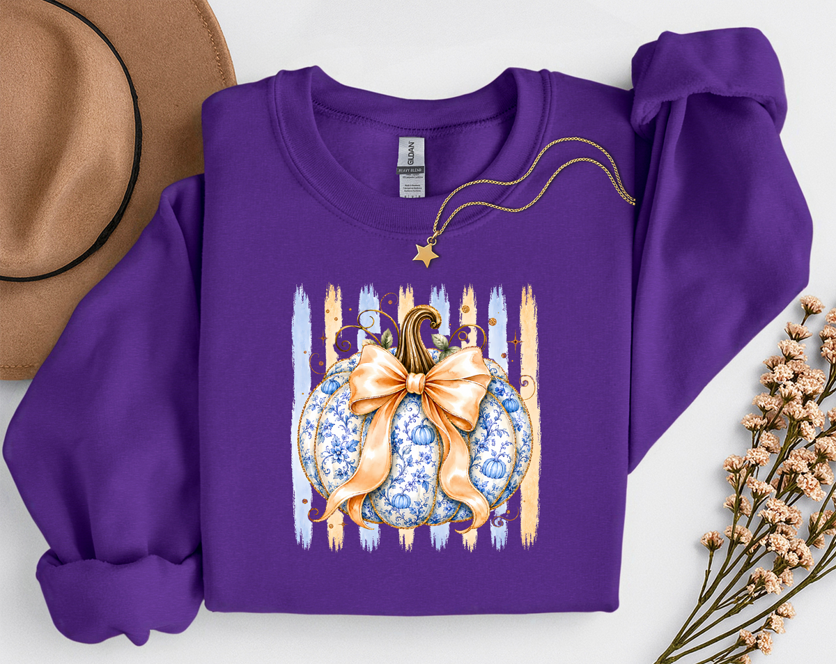 Blue Floral Pumpkin Crewneck Sweatshirt | Coquette Fall Pumpkin Sweatshirt
