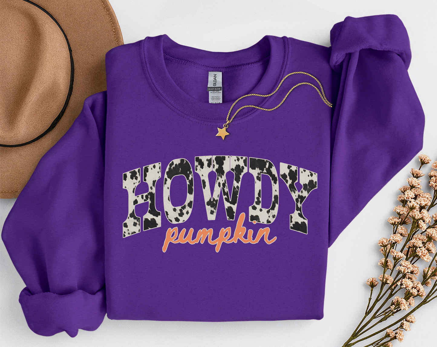 Howdy Pumpkin Cow Print Fall Shirt | Western Autumn T-Shirt & Crewneck Sweatshirt