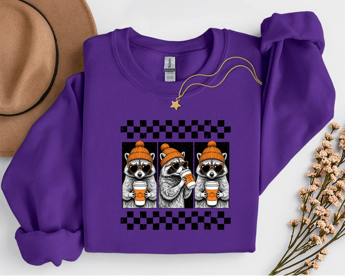 Pumpkin Spice Raccoon Crewneck Sweatshirt | Cute Fall Coffee Sweatshirt | Cozy Autumn Raccoon Shirt