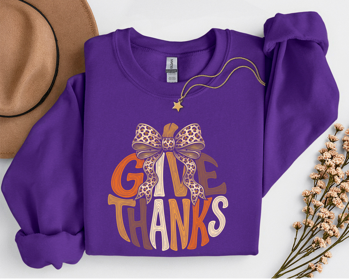 Give Thanks Leopard Bow Fall T-Shirt or Sweatshirt | Thanksgiving Apparel