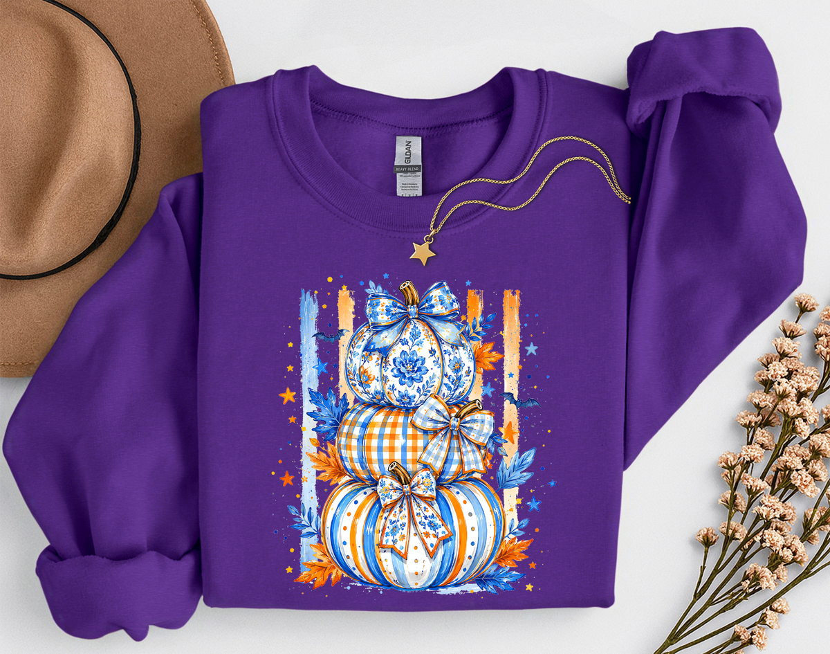 Blue & Orange Pumpkin Stack Fall Shirt | Coquette Pumpkin T-Shirt & Crewneck Sweatshirt