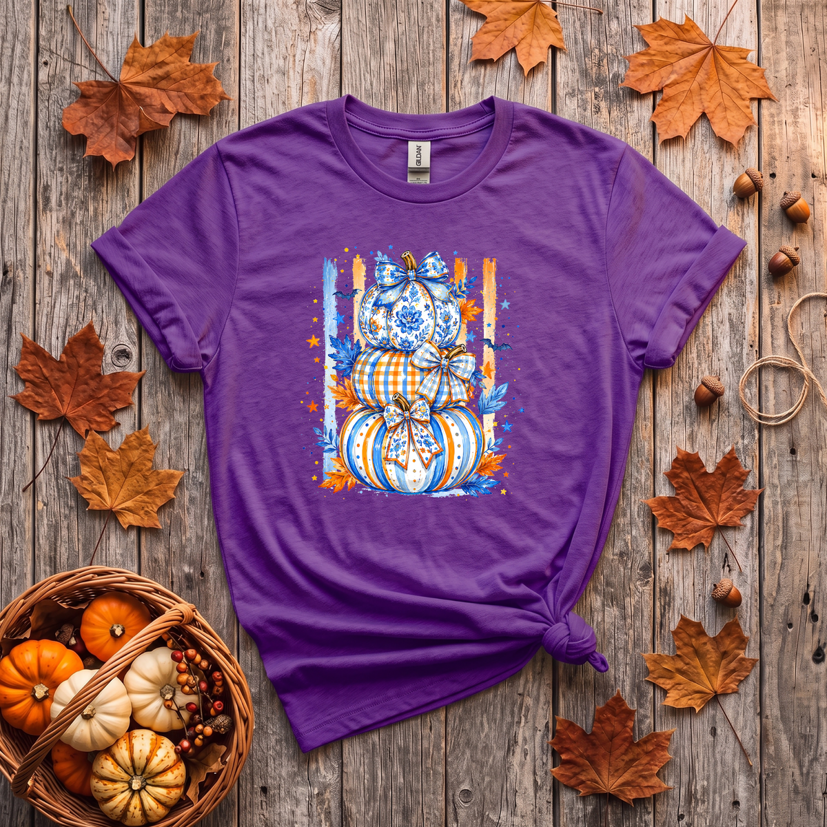 Blue & Orange Pumpkin Stack Fall Shirt | Coquette Pumpkin T-Shirt & Crewneck Sweatshirt