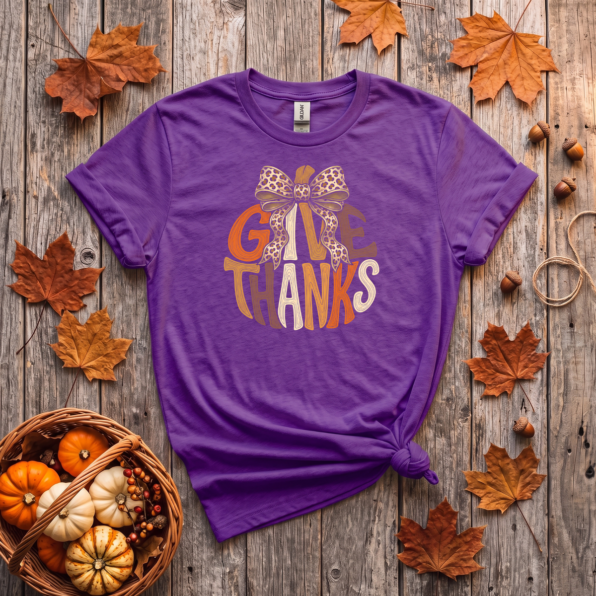 Give Thanks Leopard Bow Fall T-Shirt or Sweatshirt | Thanksgiving Apparel