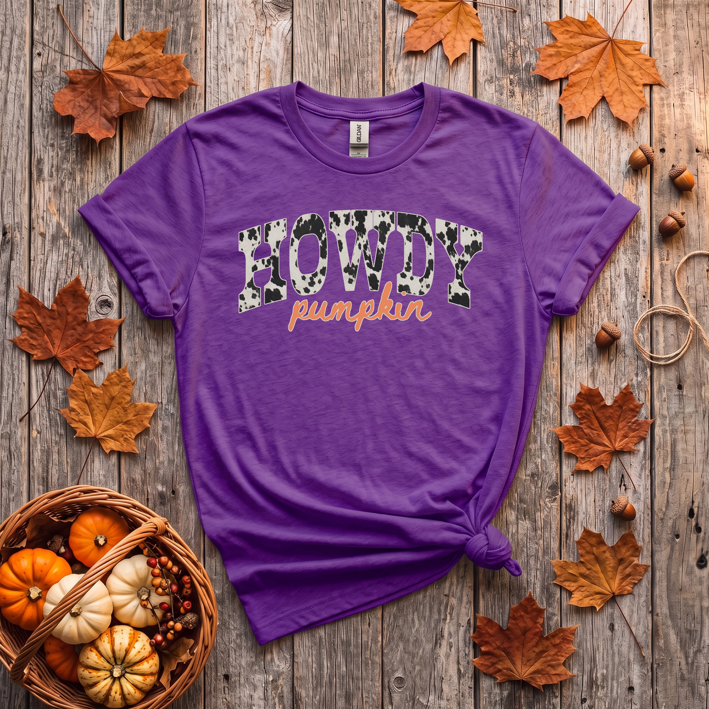Howdy Pumpkin Cow Print Fall Shirt | Western Autumn T-Shirt & Crewneck Sweatshirt