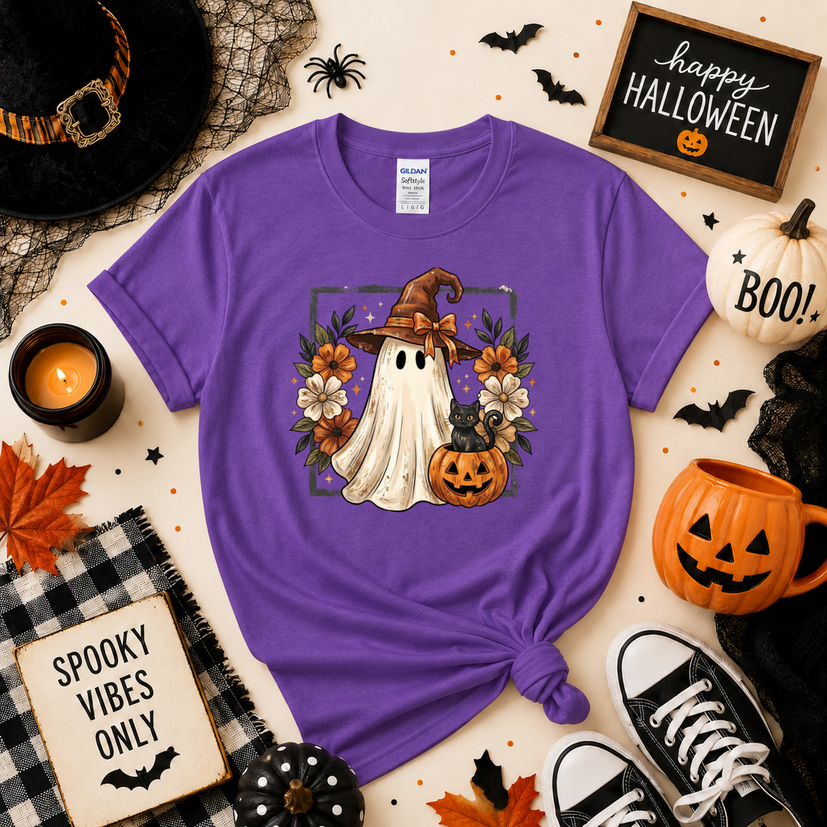 Cute Witch Ghost & Black Cat Halloween Sweatshirt | Pumpkin T-shirt