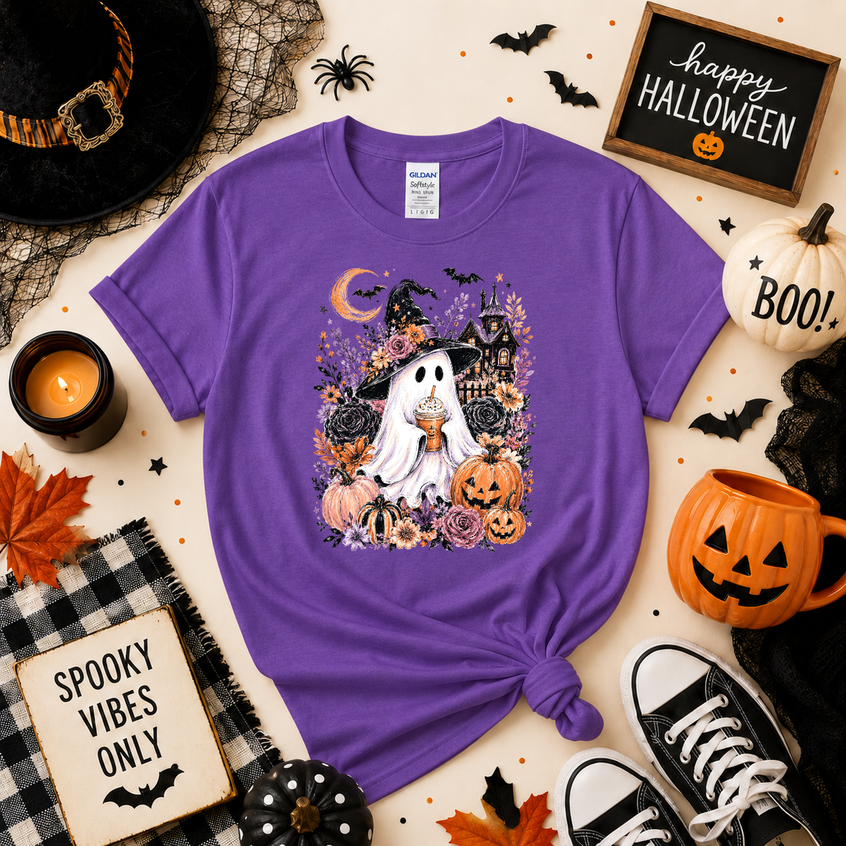 Spooky Ghost Halloween Sweatshirt or T-Shirt | Cute Witch Ghost Shirt