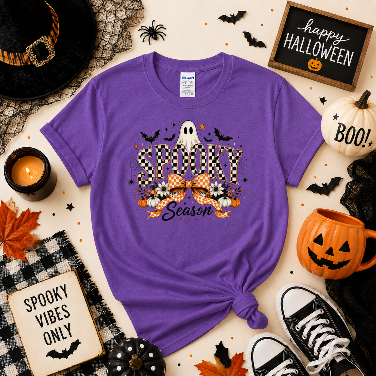 Spooky Season Halloween T-Shirt | Checkerboard Ghost & Bow Graphic Sweatshirt