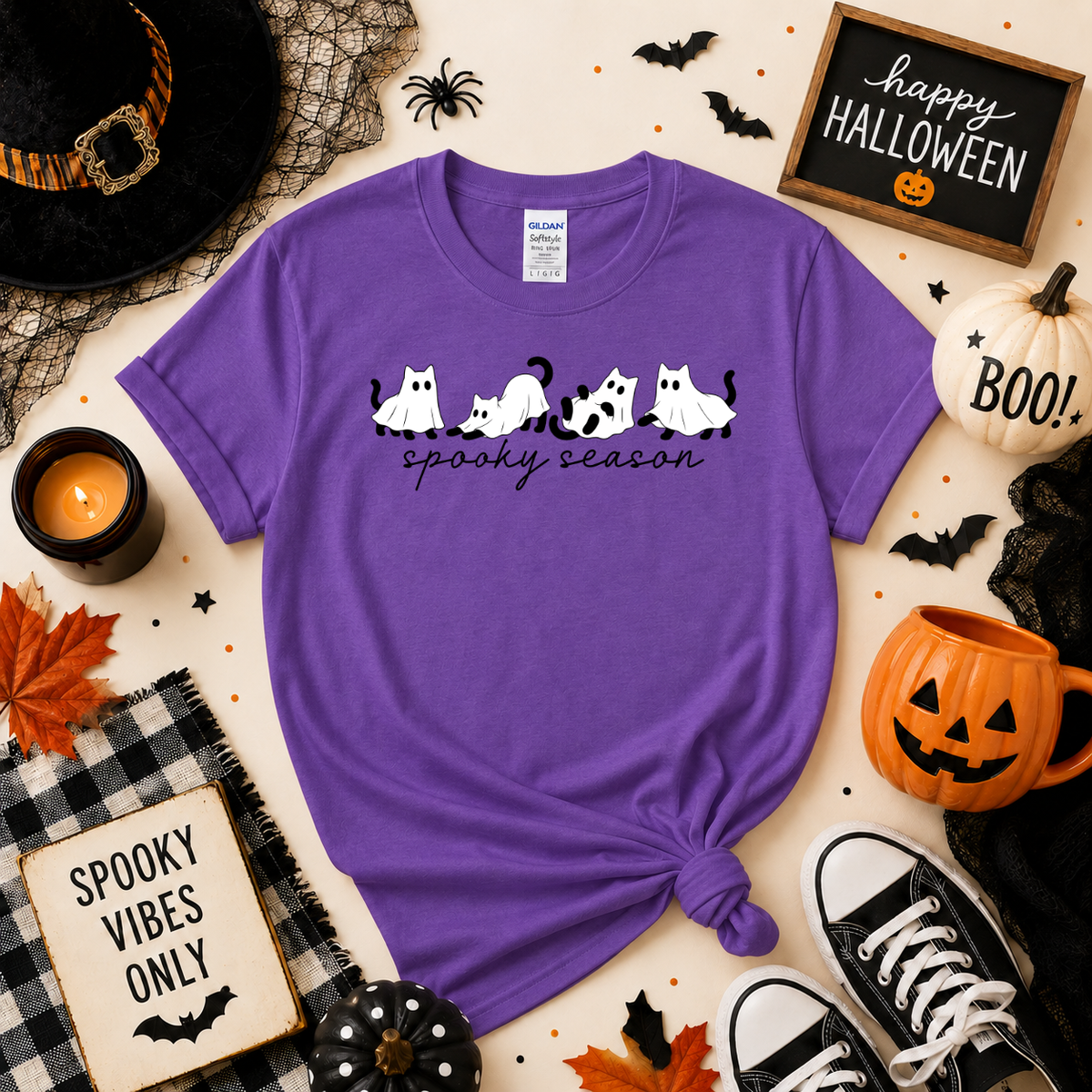 Spooky Season Ghost Cats Halloween Shirt | Cat T-Shirt or Sweatshirt
