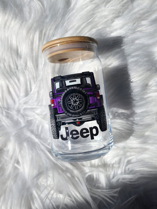 purple Jeep cup, Jeep glass can, Jeep lover gift, Jeep coffee cup, Jeep drinkware, lifted Jeep glass, custom Jeep cup, bamboo lid glass can, off road gift, Jeep owner gift, iced coffee glass, Jeep club accessory, adventure drinkware, Jeep lifestyle gift, reusable glass cup, Jeep themed cup, road trip cup, off road accessory, custom glass can, Jeep enthusiast gift.