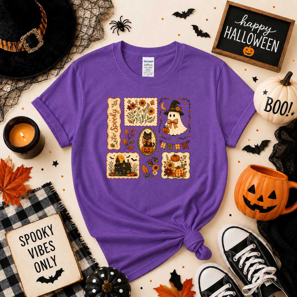 Vintage Spooky Halloween Sweatshirt | Ghost Pumpkin & Black Cat T-shirt