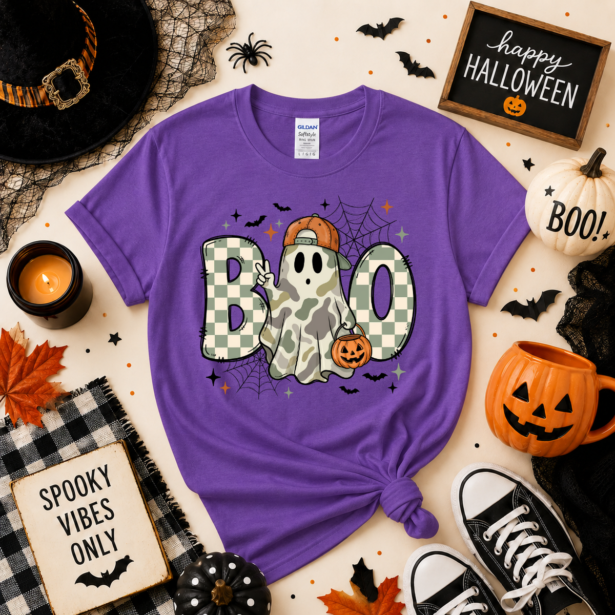 Camo Ghost BOO Halloween T-Shirt | Cute Spooky Season Graphic Tee