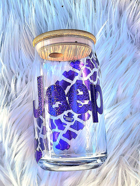 purple Jeep glass can, Jeep glass cup, glitter Jeep cup, Jeep lover gift, Jeep coffee glass, tire tread glass can, Jeep accessory, bamboo lid cup, custom Jeep glass, iced coffee glass can, off road gift, Jeep owner gift, reusable glass cup, purple glitter tumbler, Jeep club gift, road trip cup, adventure drinkware, handmade Jeep cup, Jeep lifestyle accessory, custom glass can.