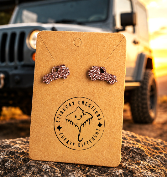 Rose Gold Glitter Jeep Stud Earrings | Jeep Lover Earrings | Off Road Jewelry Gift for Women