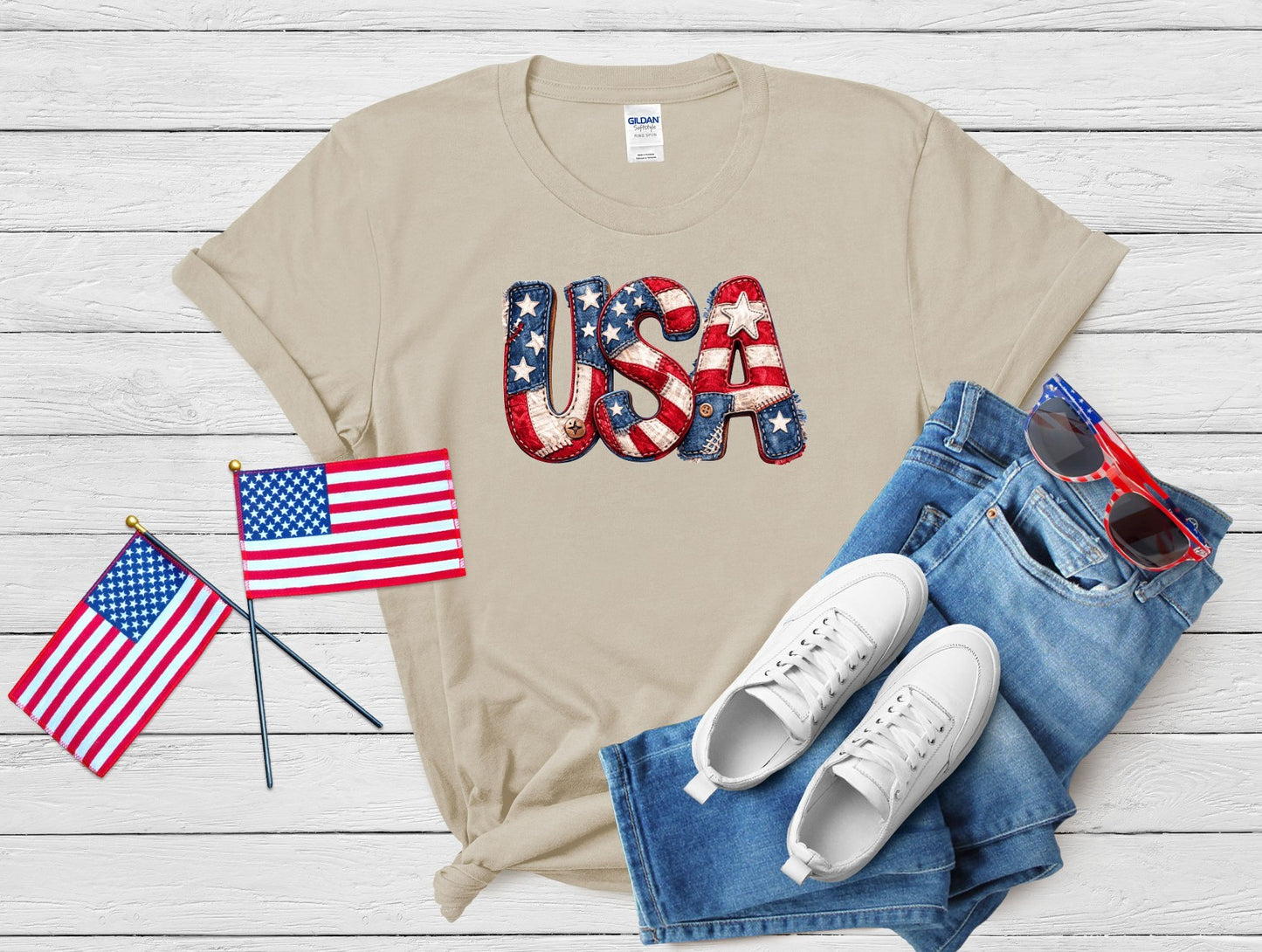 USA Faux Embroidered Patriotic Graphic Tee | Fourth of July Shirt