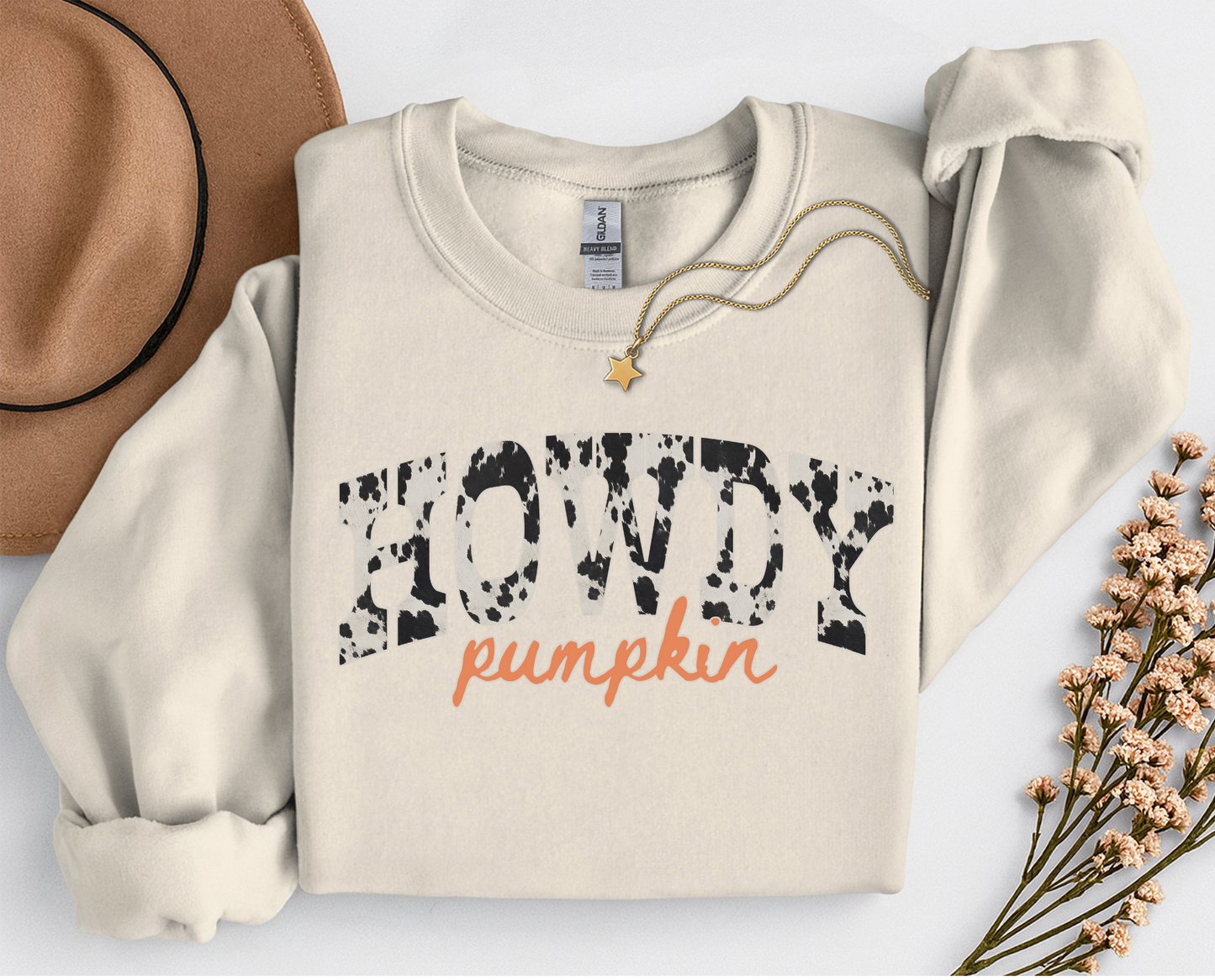 Howdy Pumpkin Cow Print Fall Shirt | Western Autumn T-Shirt & Crewneck Sweatshirt