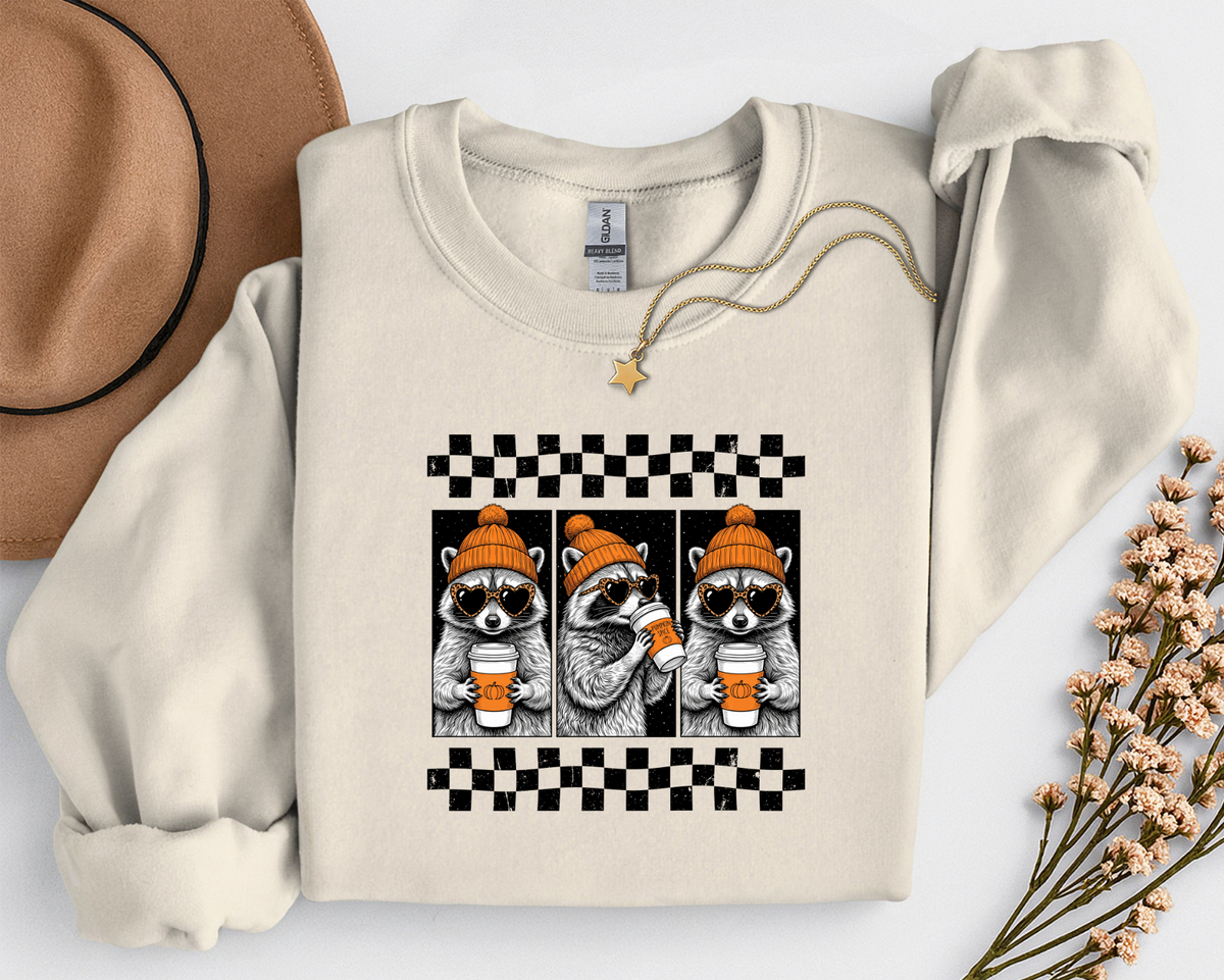 Pumpkin Spice Raccoon Crewneck Sweatshirt | Cute Fall Coffee Sweatshirt | Cozy Autumn Raccoon Shirt
