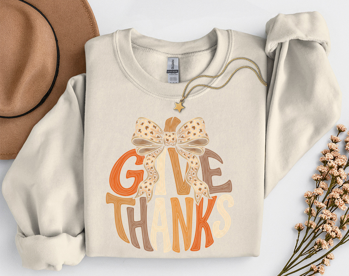 Give Thanks Leopard Bow Fall T-Shirt or Sweatshirt | Thanksgiving Apparel