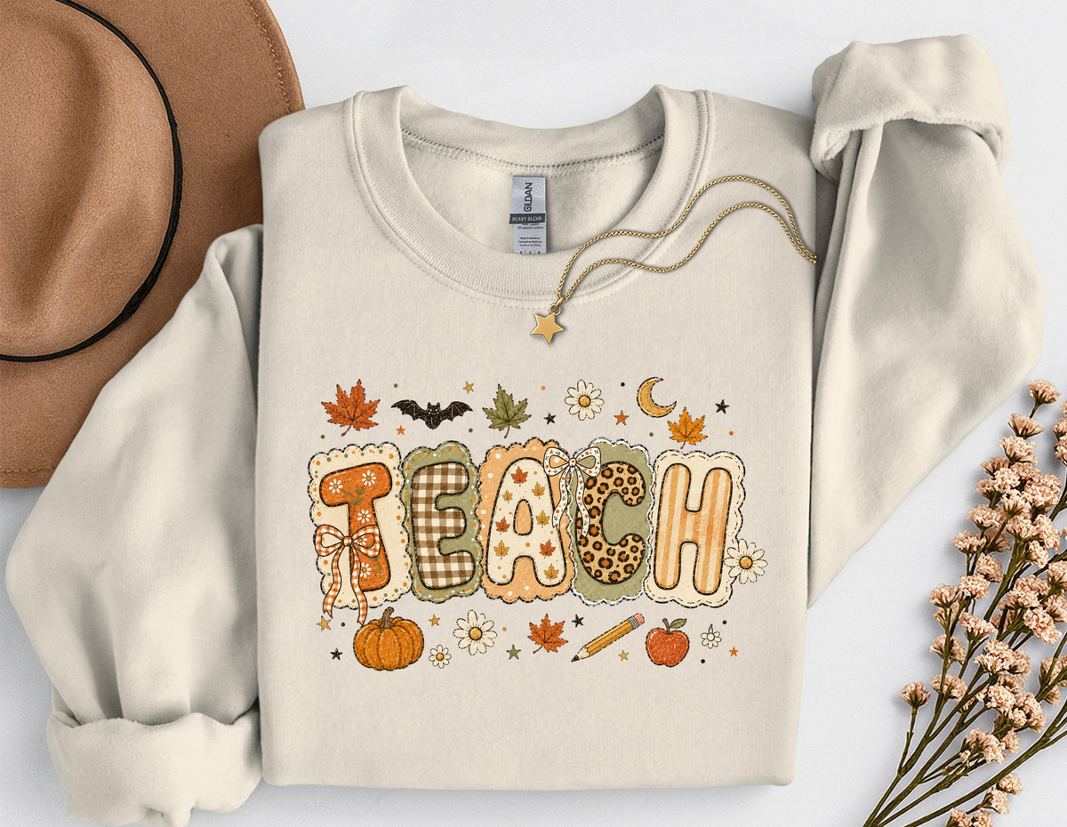 Teacher Fall Crewneck Sweatshirt | Patchwork Teacher Shirt | Cozy Autumn Teacher Sweatshirt