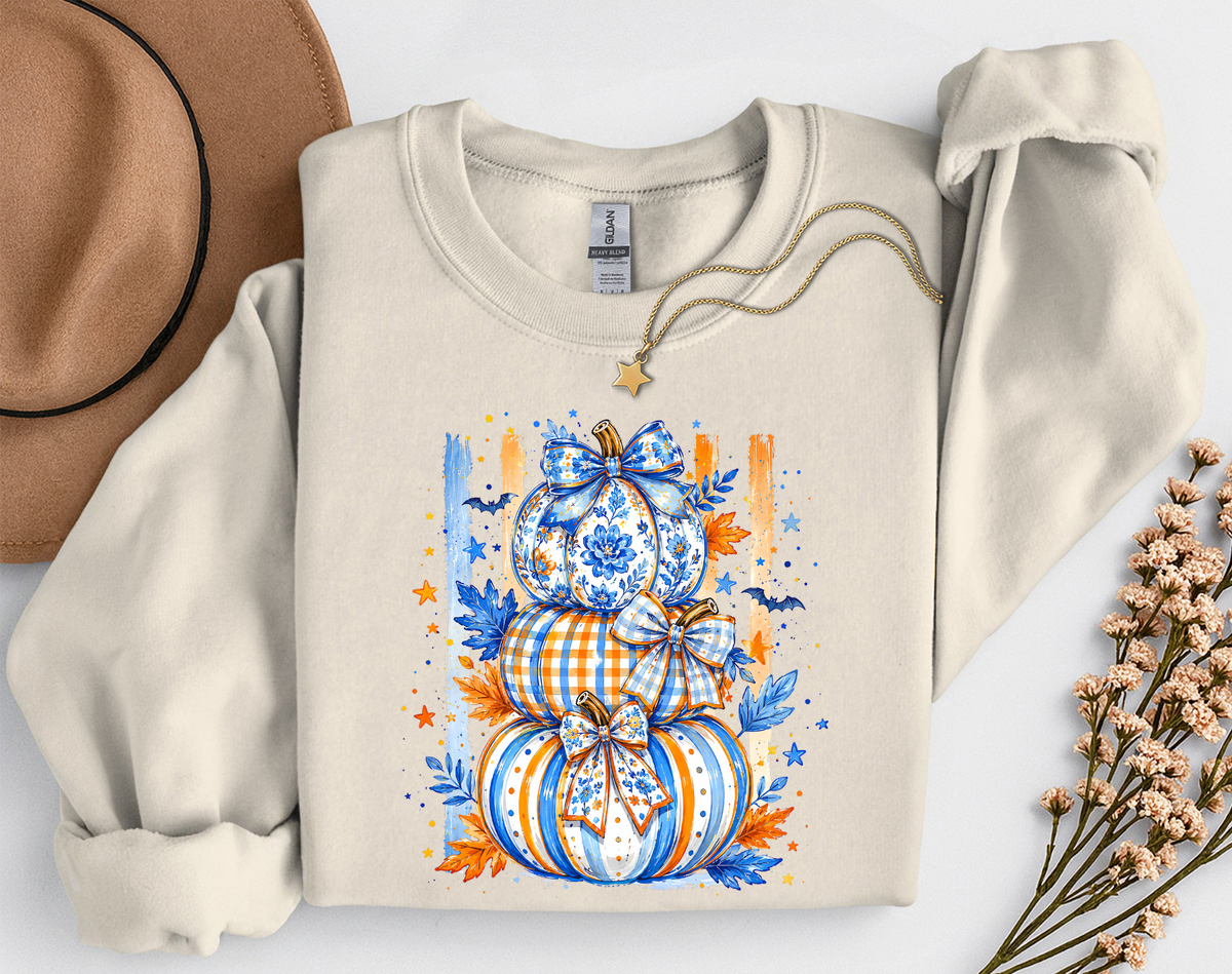 Blue & Orange Pumpkin Stack Fall Shirt | Coquette Pumpkin T-Shirt & Crewneck Sweatshirt