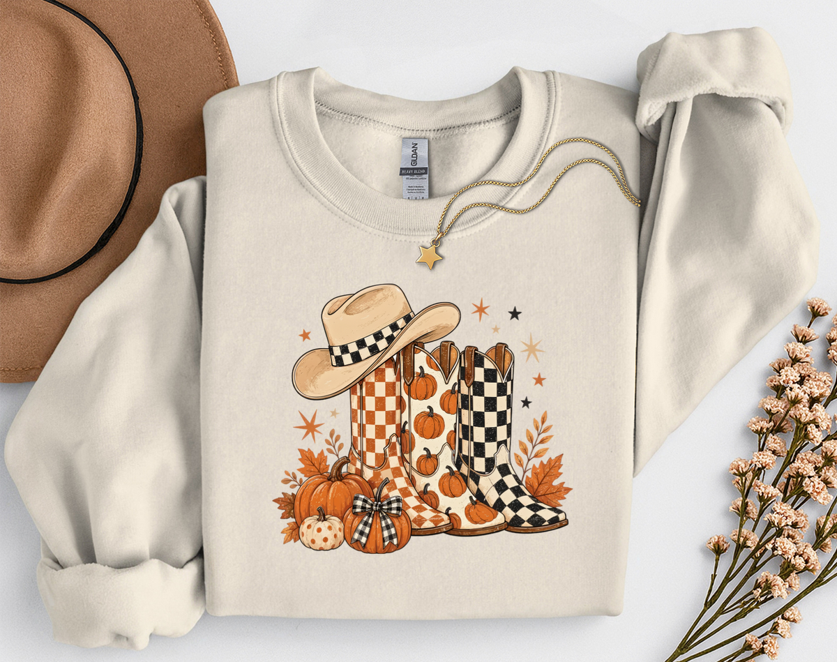 Western Fall Crewneck Sweatshirt | Cowboy Boots & Pumpkins Autumn Sweatshirt | Country Fall Shirt